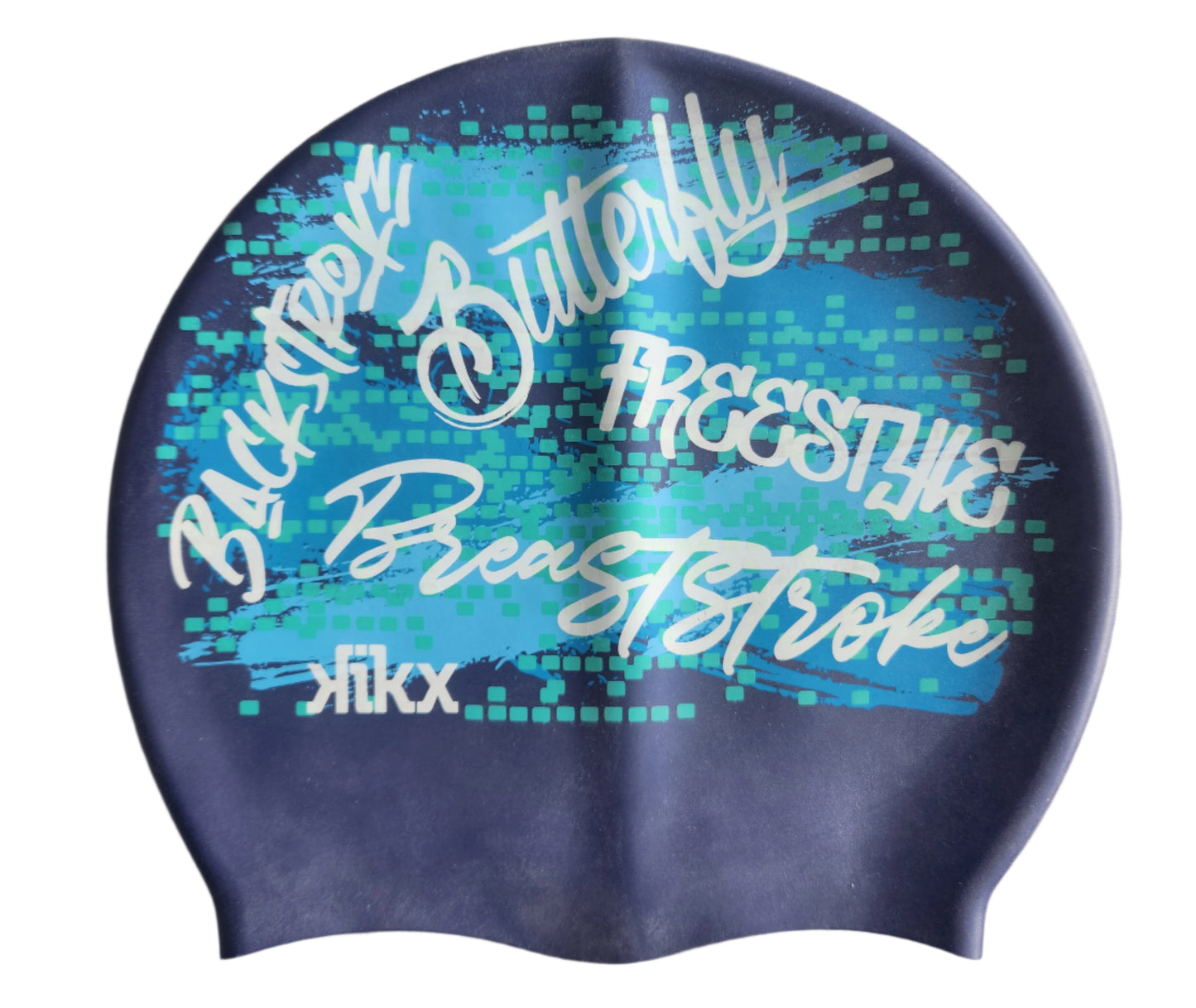 Graffiti Swimming Stroke Names & Grunge Paint on Metallic Navy Medium Big Hair Kikx Silicone Cap