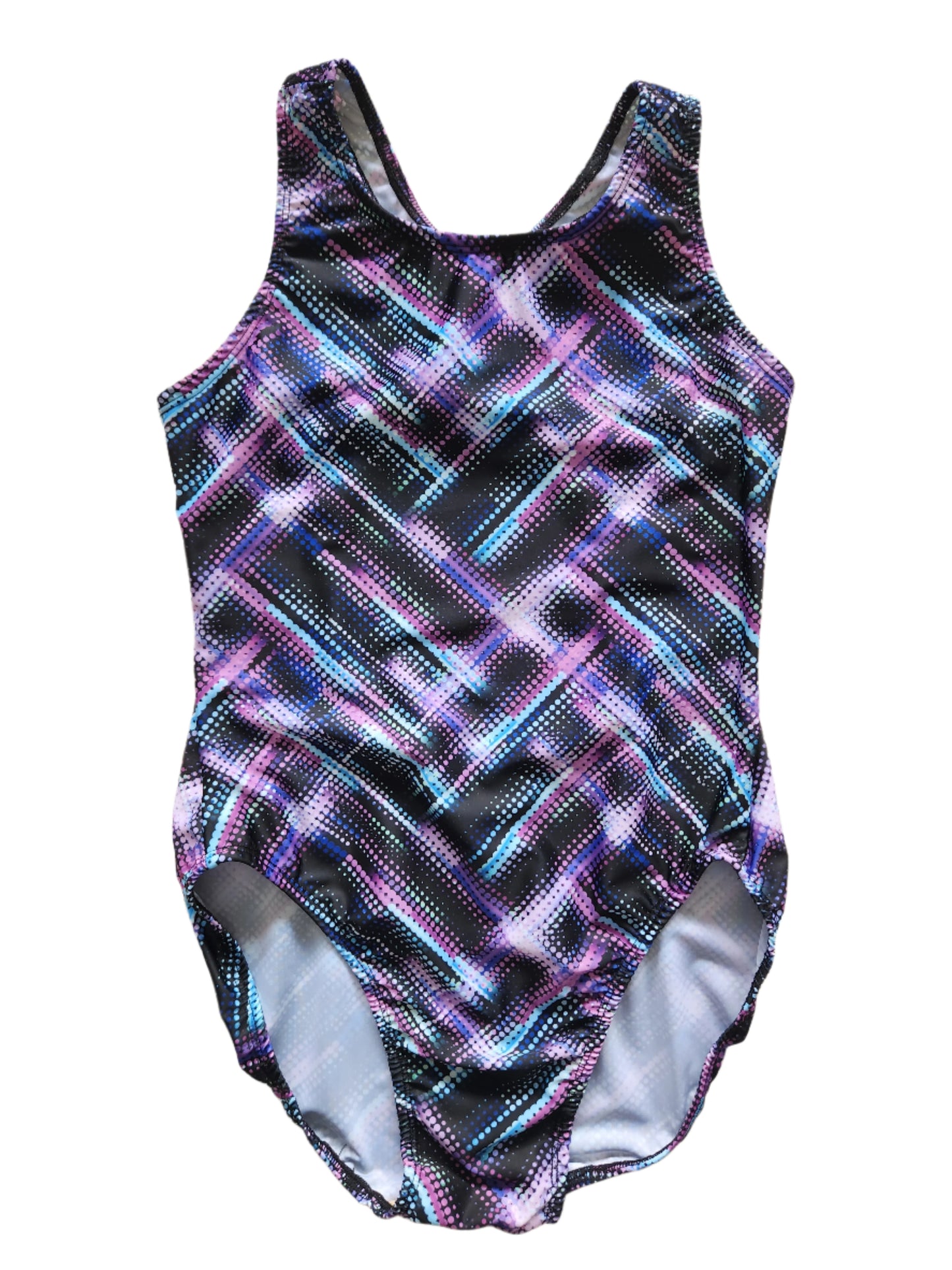 Extra Life Fastback Swimsuit in Purple, Black and Blue Digital Print