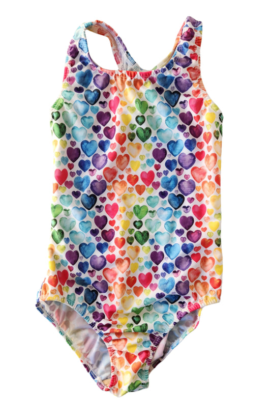 Extra Life Fastback Swimsuit in Rainbow Hearts Design