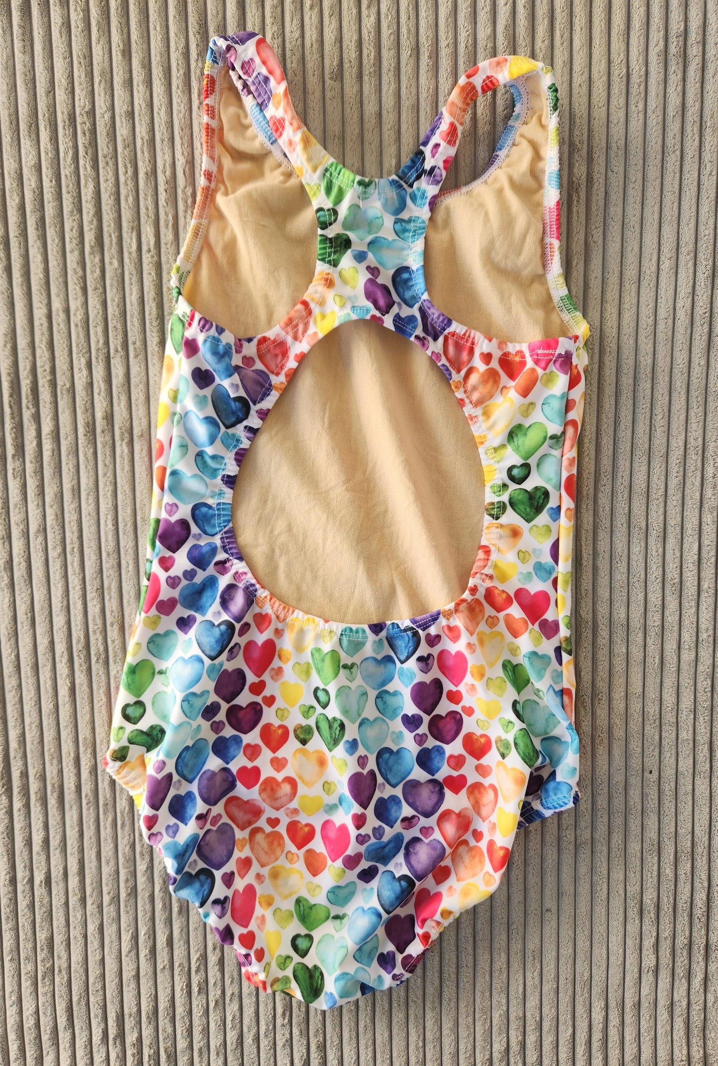 Extra Life Fastback Swimsuit in Rainbow Hearts Design