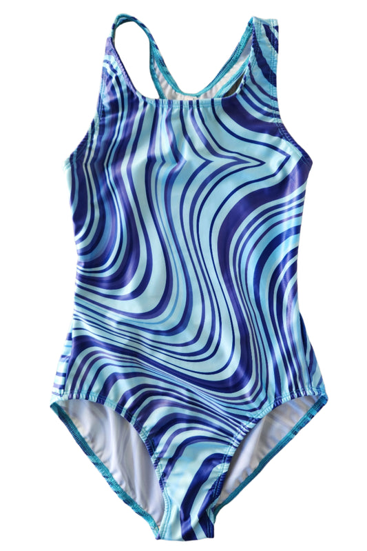 Extra Life Fastback Swimsuit in a Blues Wavy Stripe Design