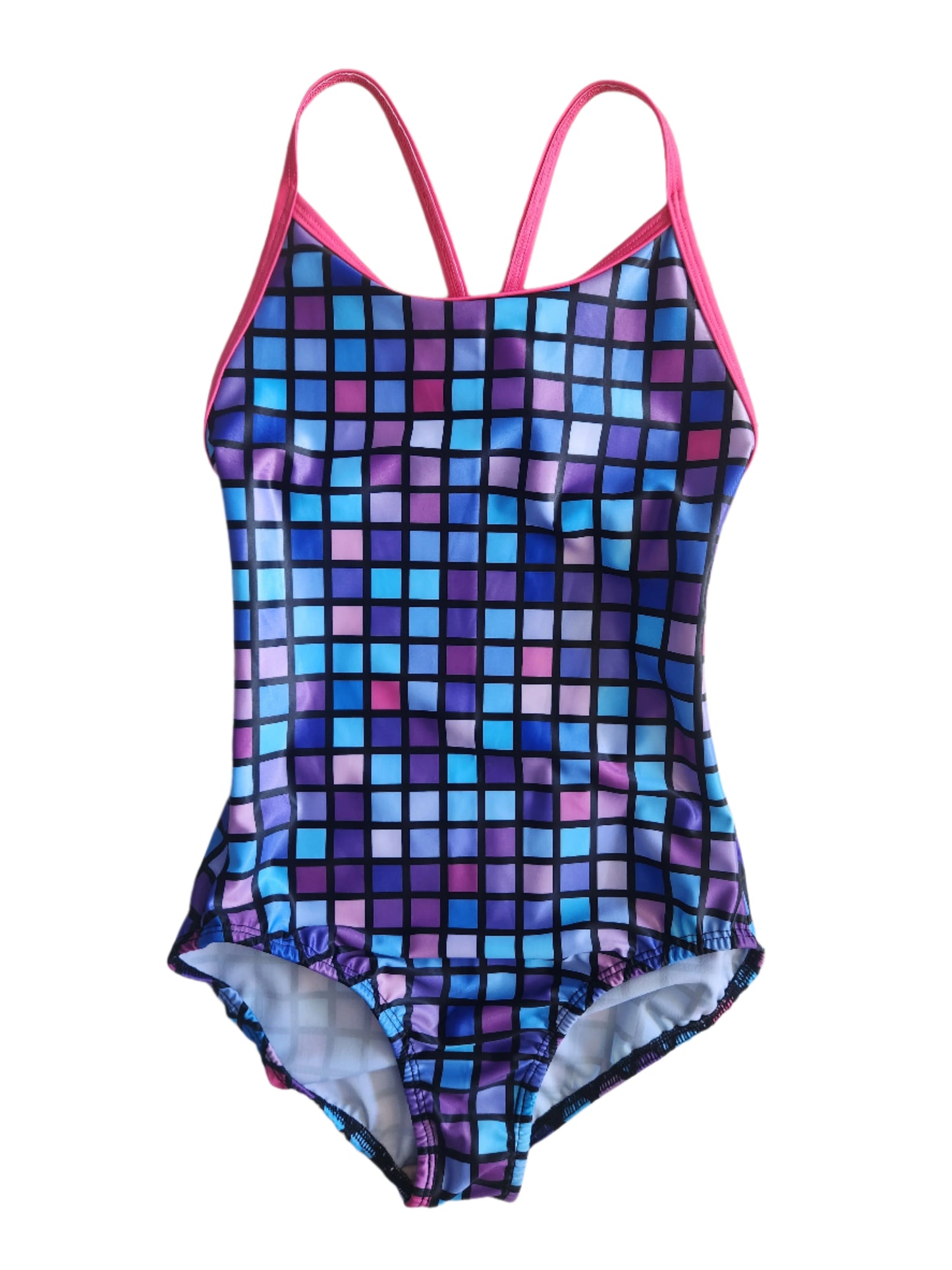 Extra Life Thin Strap Swimsuit in Pink, Blue & Purple Blocks