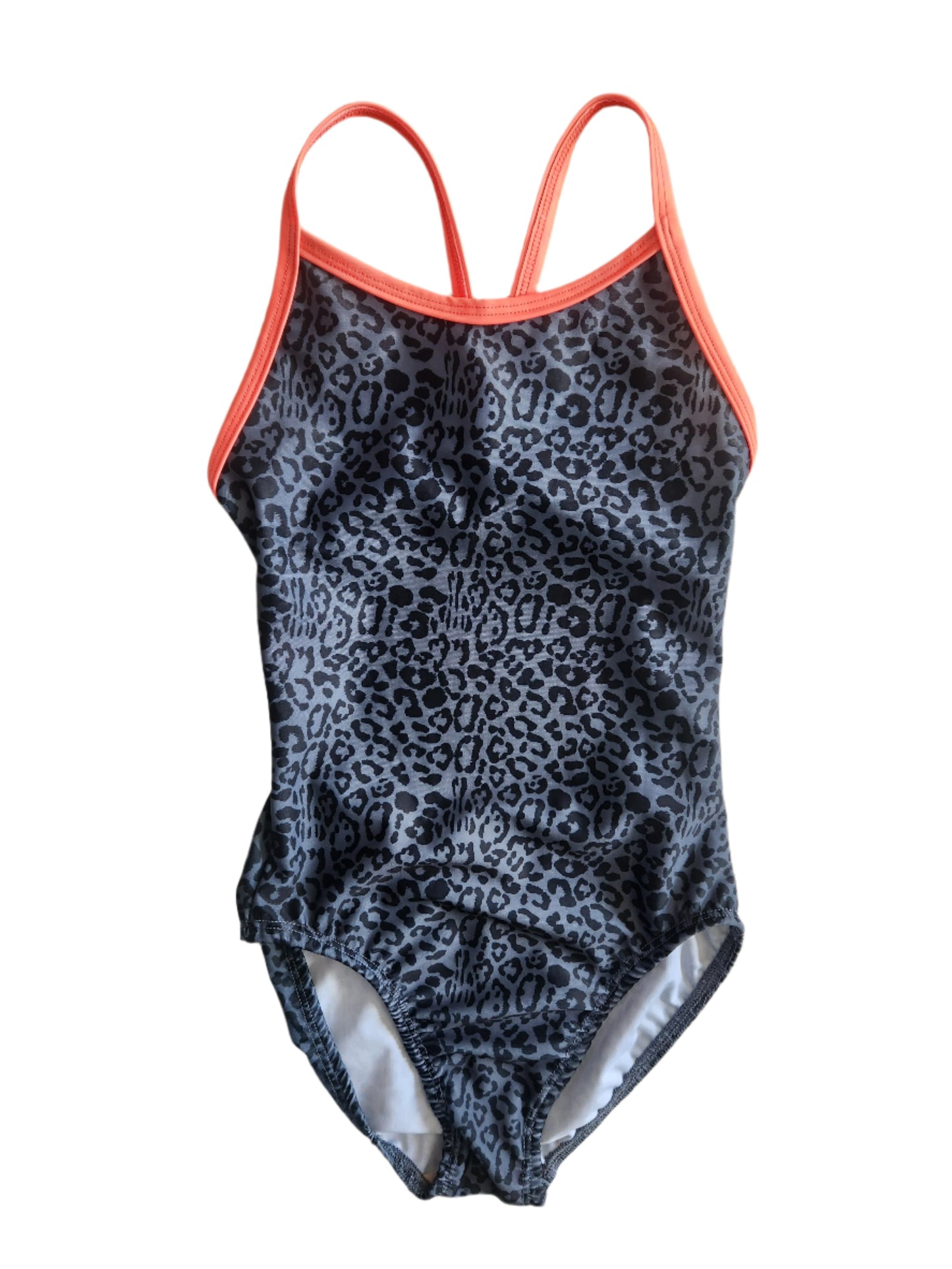 Extra Life Thin Strap Swimsuit in Leopard Print on Grey with Neon Orange Straps
