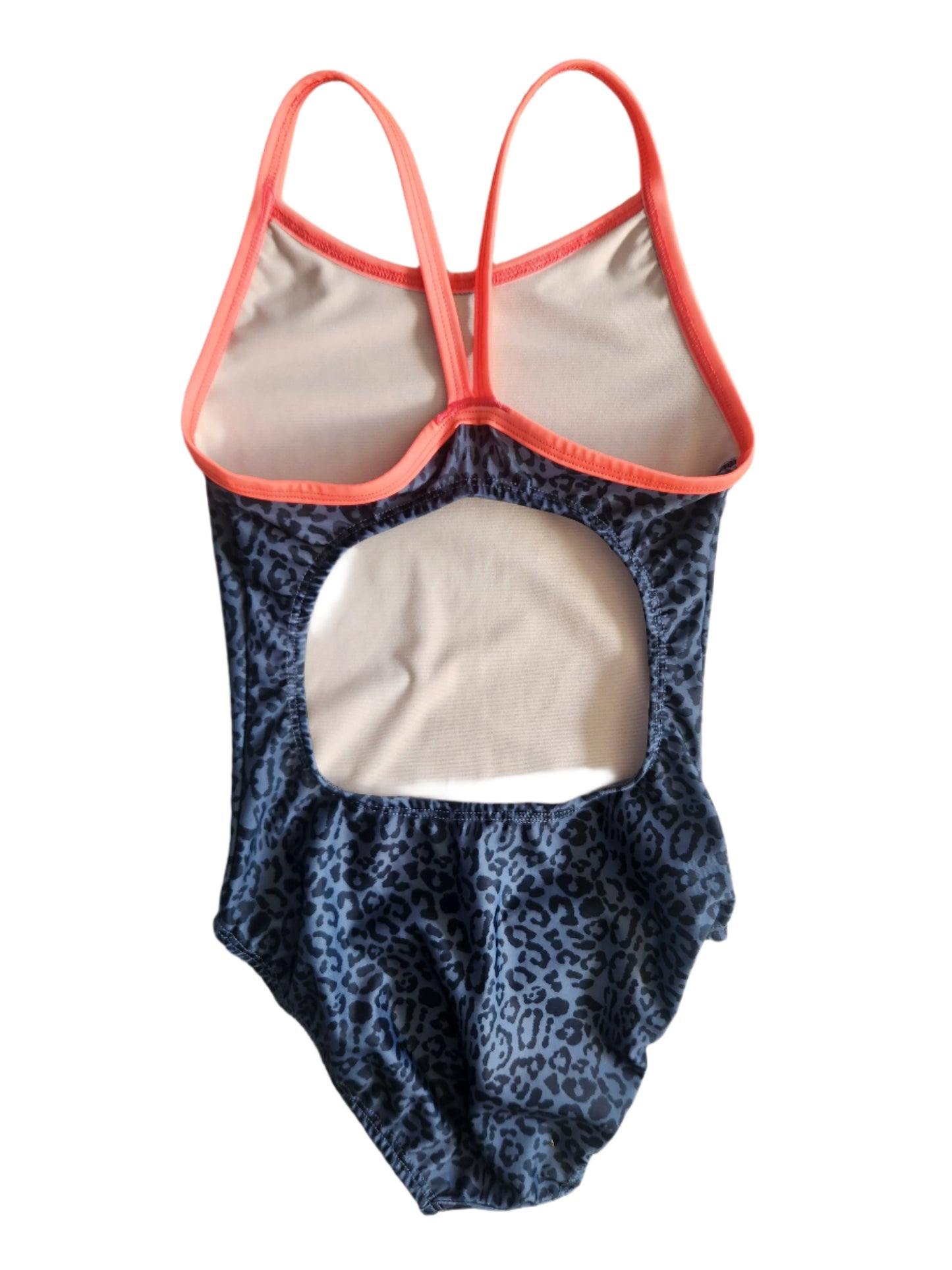 Extra Life Thin Strap Swimsuit in Leopard Print on Grey with Neon Orange Straps