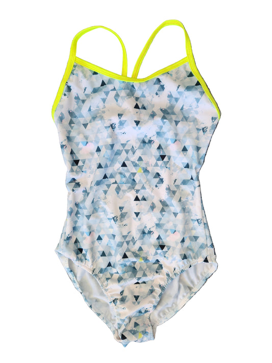Extra Life Thin Strap Swimsuit in Diamond Dazzle Design on Grey & White with Neon Yellow Straps