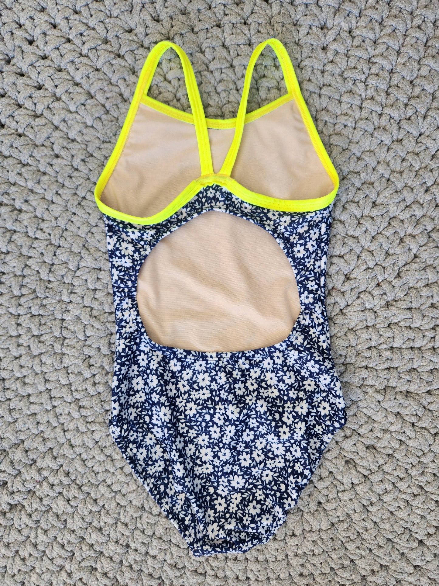 Extra Life Thin Strap Swimsuit in Ditzy Blooms in White on Dark Navy with Neon Yellow Straps