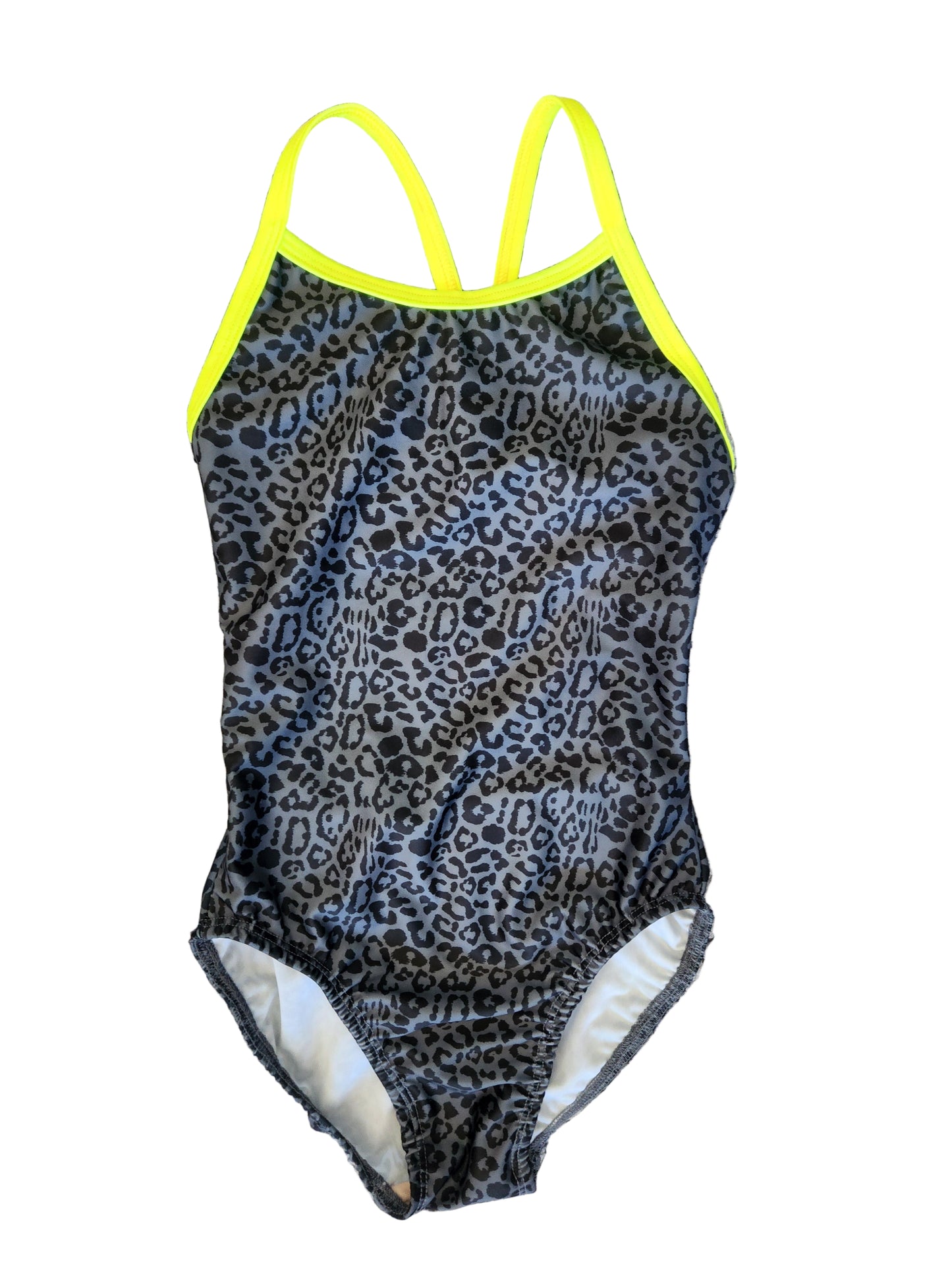 Extra Life Thin Strap Swimsuit in Leopard Print on Grey with Neon Yellow Straps