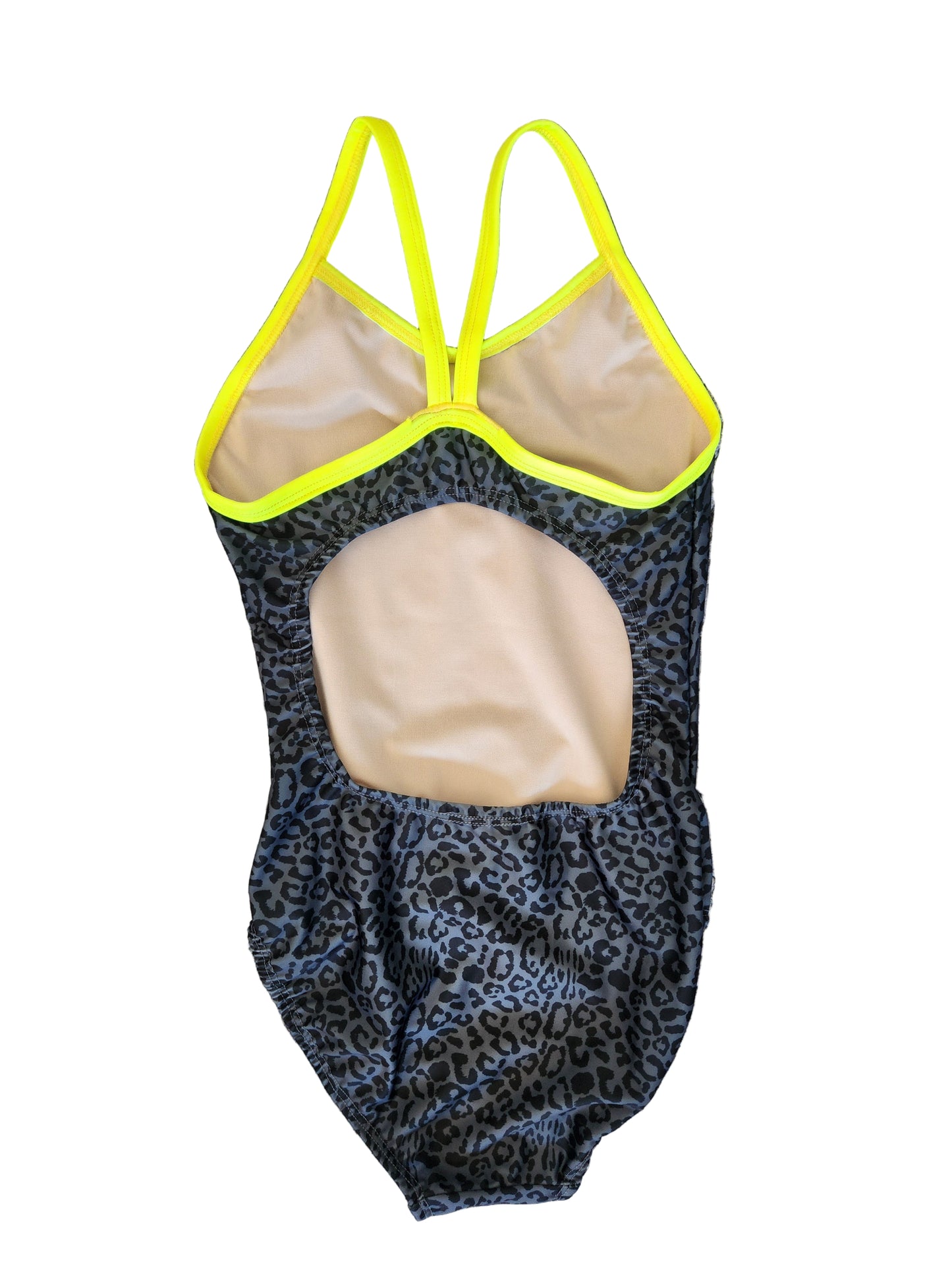 Extra Life Thin Strap Swimsuit in Leopard Print on Grey with Neon Yellow Straps