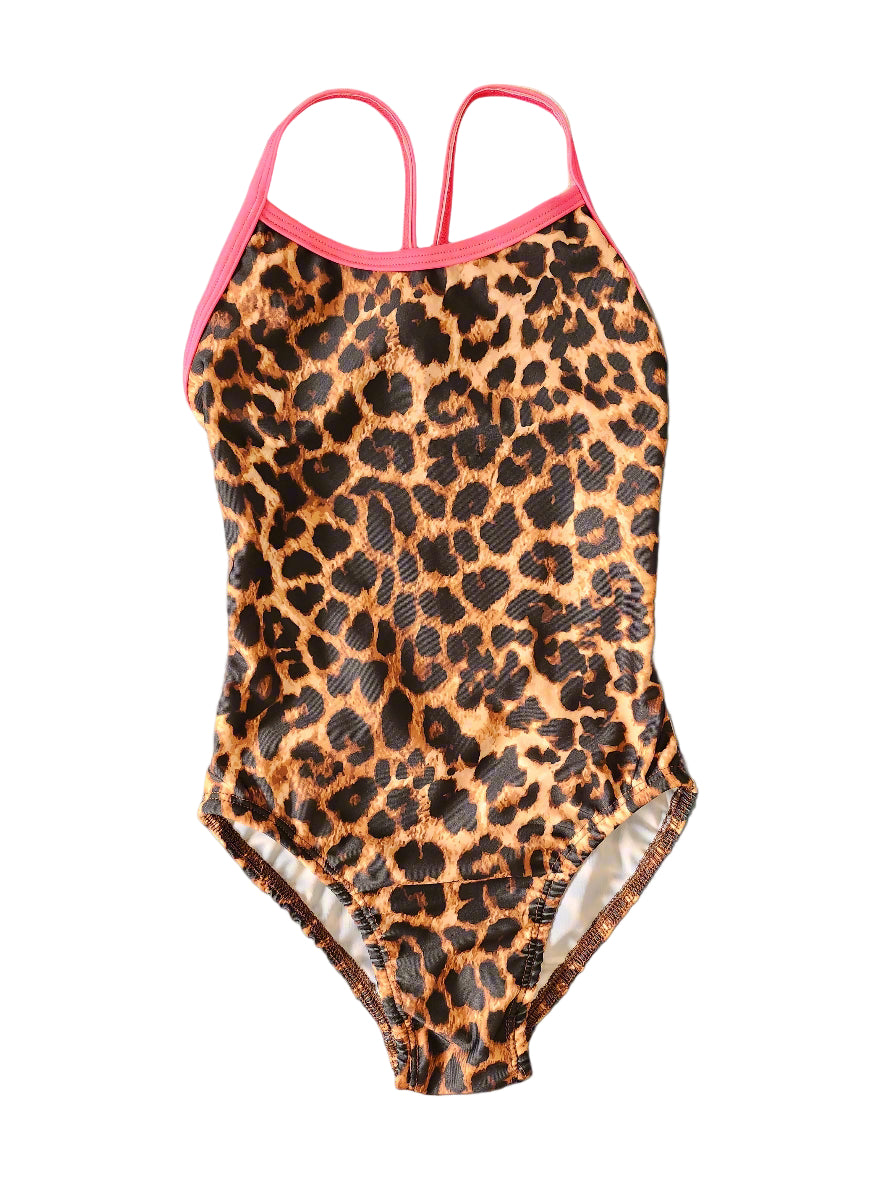 Extra Life Thin Strap Swimsuit in Fierce Rosettes Leopard Print with Neon Pink Straps