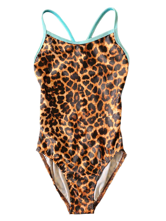 Extra Life Thin Strap Swimsuit in Fierce Rosettes Leopard Print with Aquamarine Straps