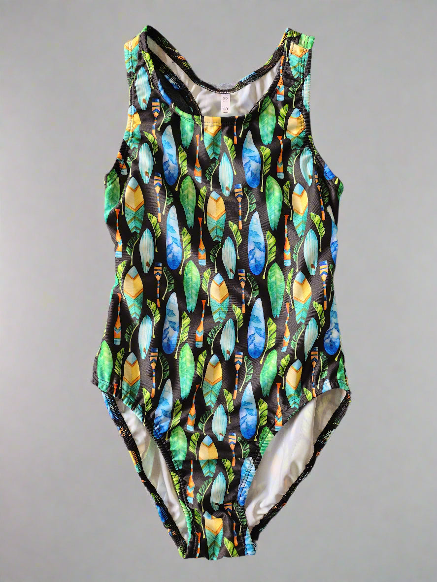 Extra Life Fastback Swimsuit in Wave Rider Blue & Green Surfboard Design