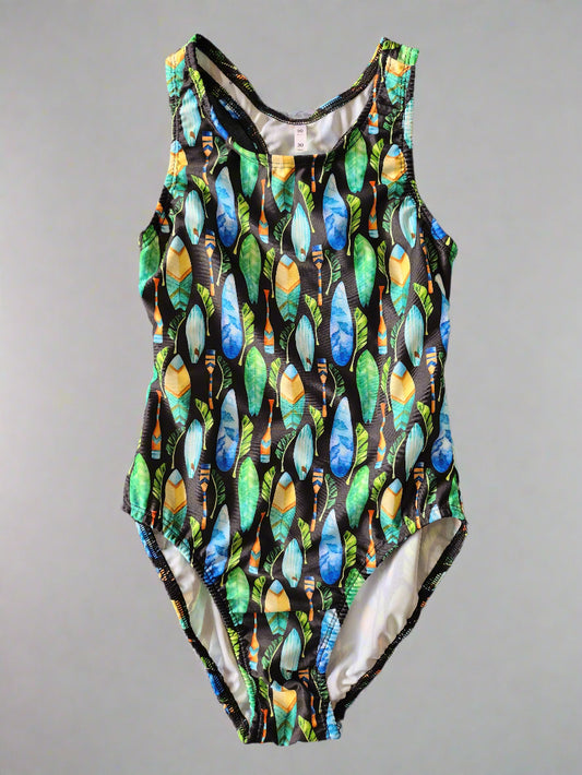 Extra Life Fastback Swimsuit in Wave Rider Blue & Green Surfboard Design