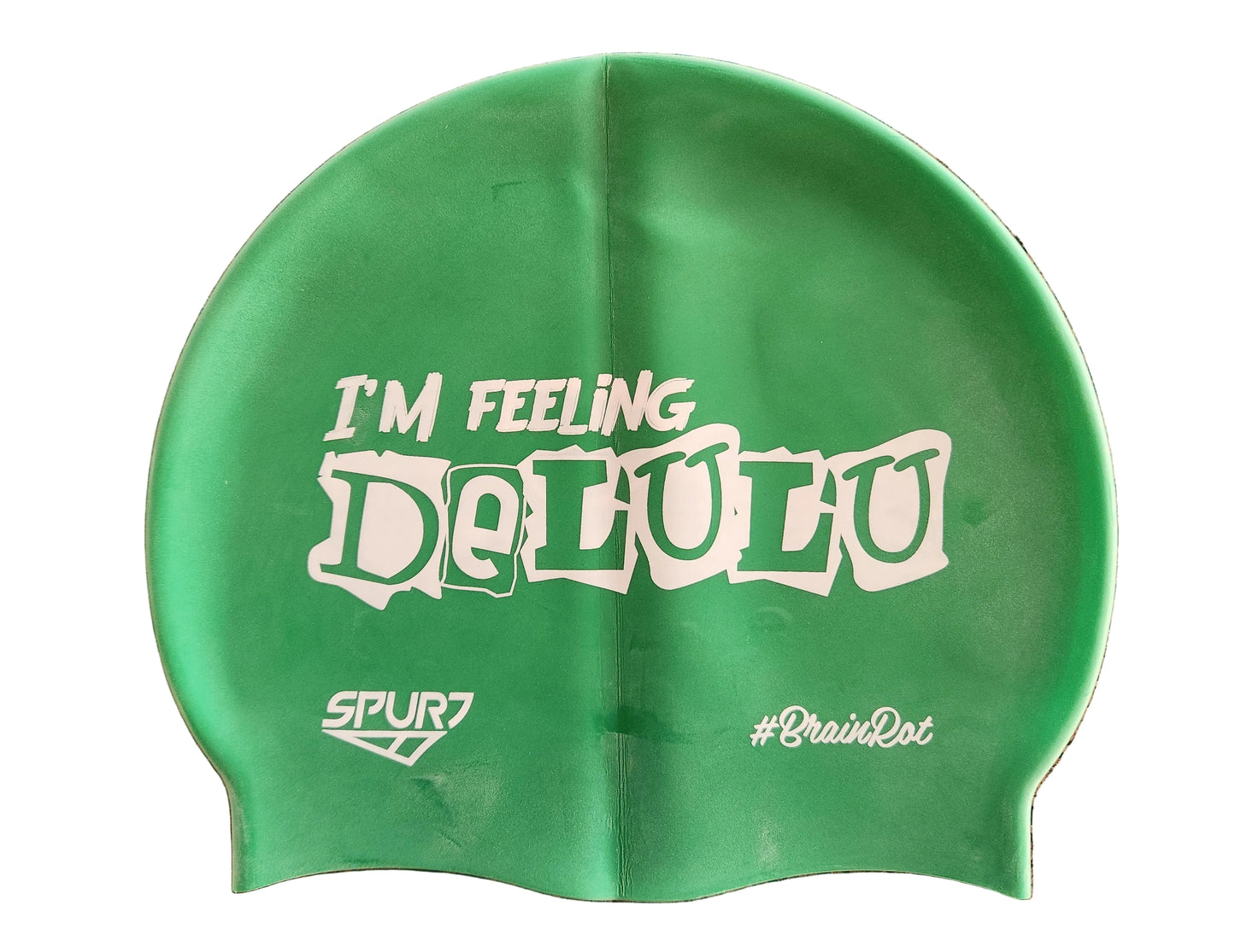 BrainRot I'm Feeling Delulu on F217 Mid Green Spurt Silicone Swim Cap