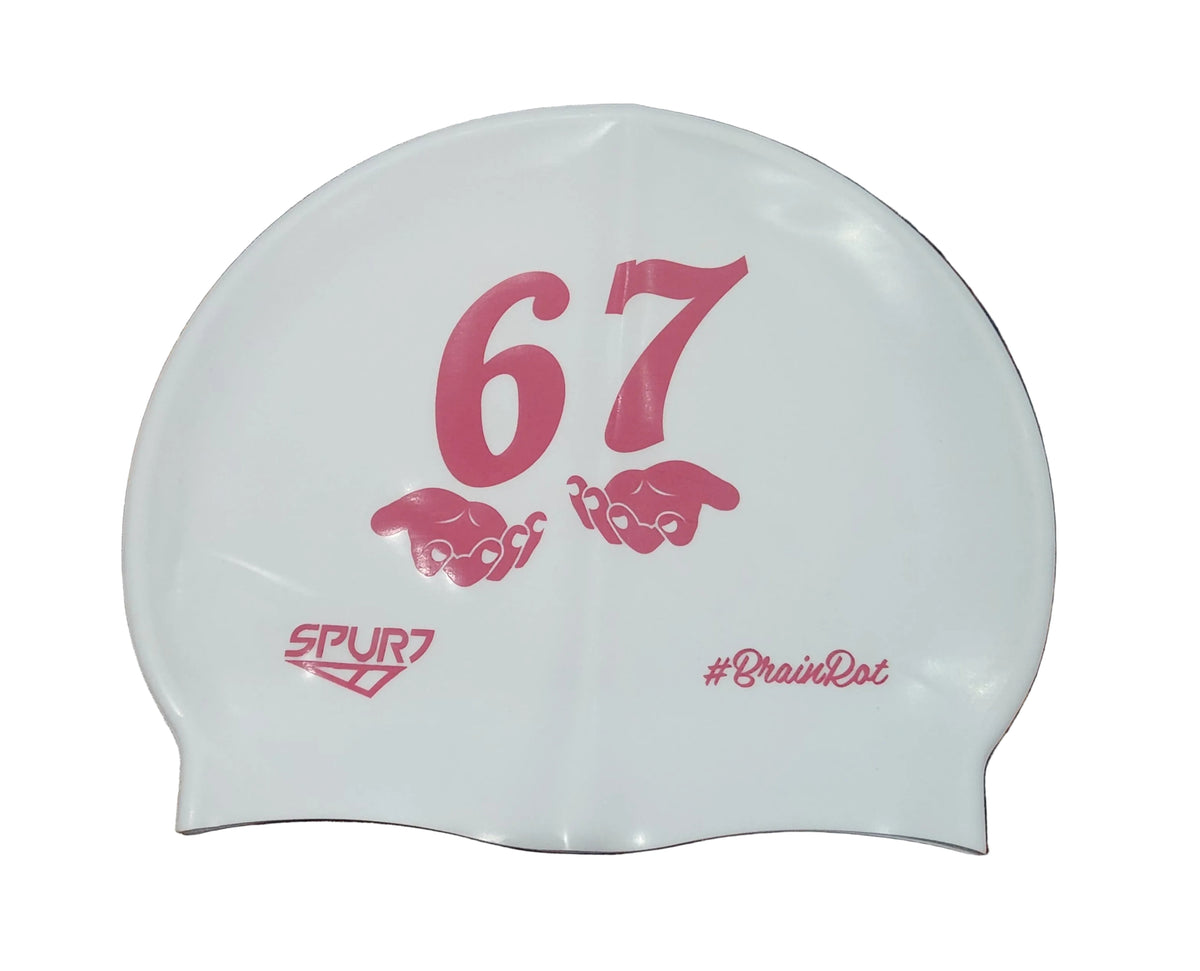 BrainRot 67 With Hands on Cool White with Pink Spurt Silicone Swim Cap