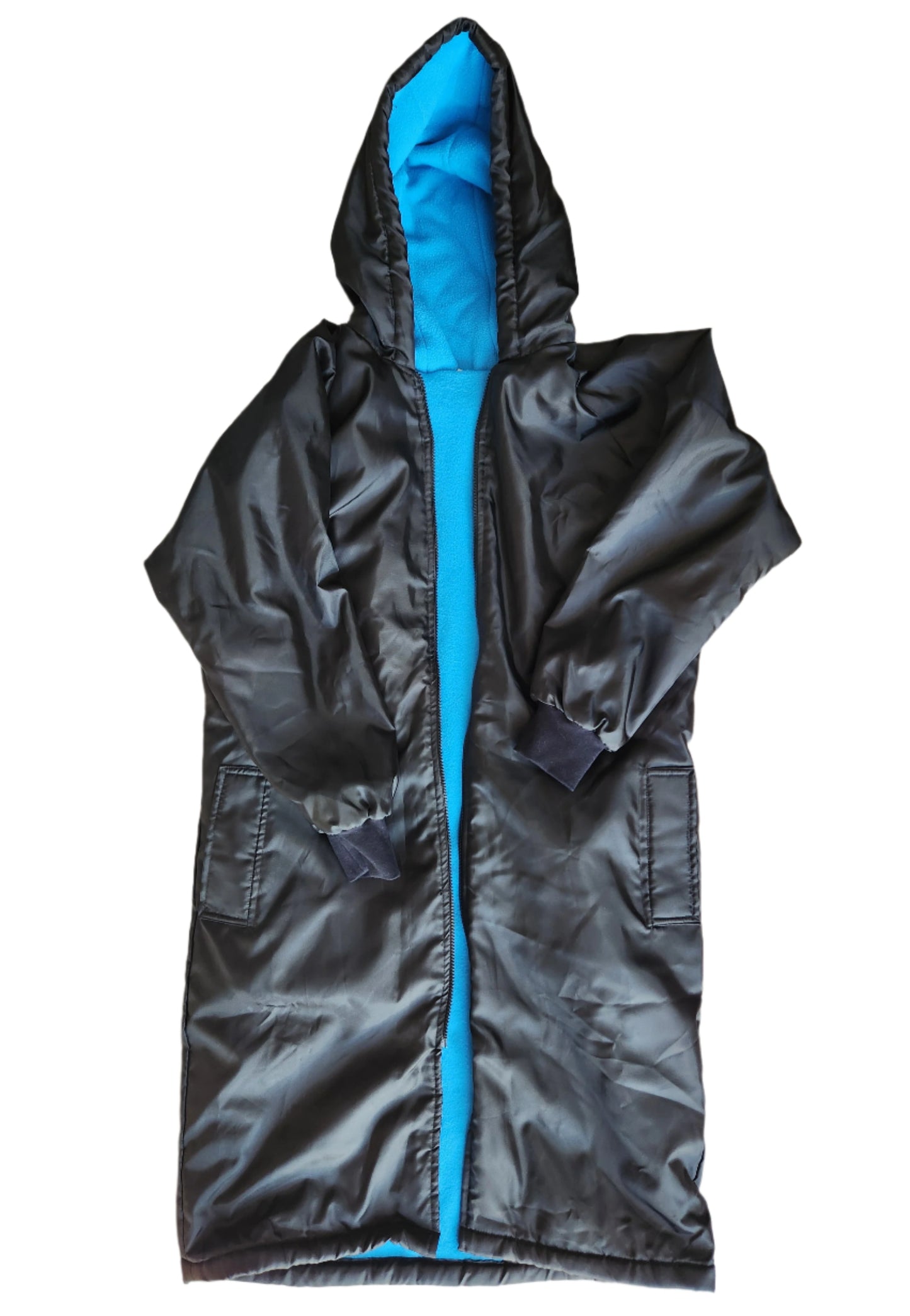 Black Parka Jacket with Turquoise Blue Fleece Lining