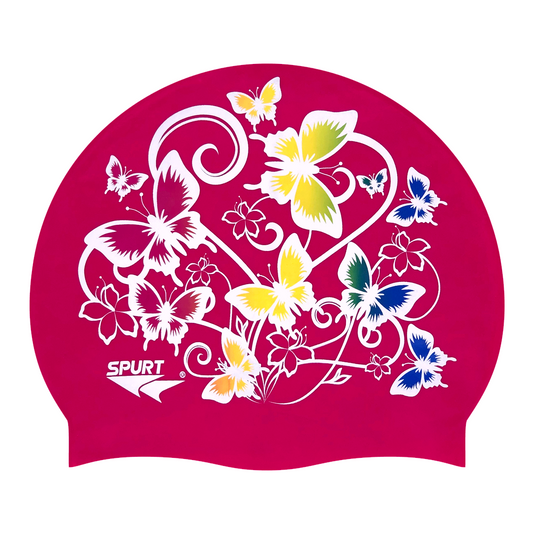 Butterflies in Floral Pattern on Dark Cerise Pink Spurt Silicone Cap
