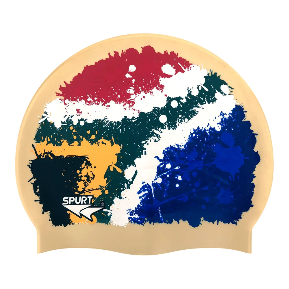 SA Flag Splash Design Mirror Image on Light Gold Spurt Silicone Swim Cap
