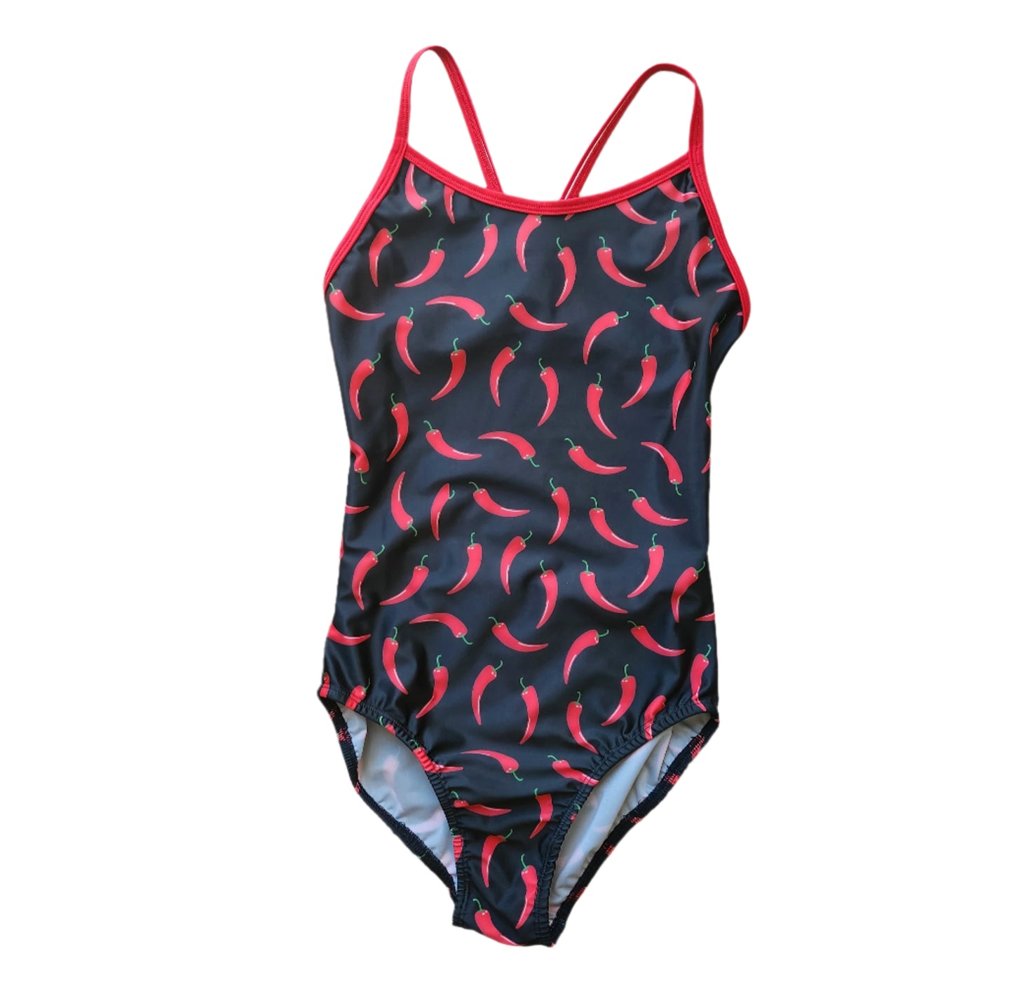 Extra Life Thin Strap Swimsuit in Chillies on Black with Red Straps