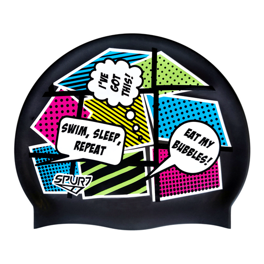Comic Book Style with Speech Bubbles on Metallic Black Spurt Silicone Swim Cap