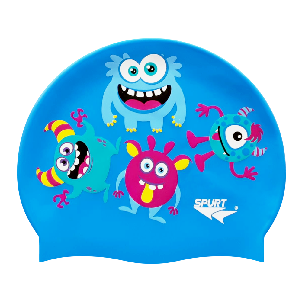 Scattered Cute Monsters on Sky Blue Spurt Silicone Cap