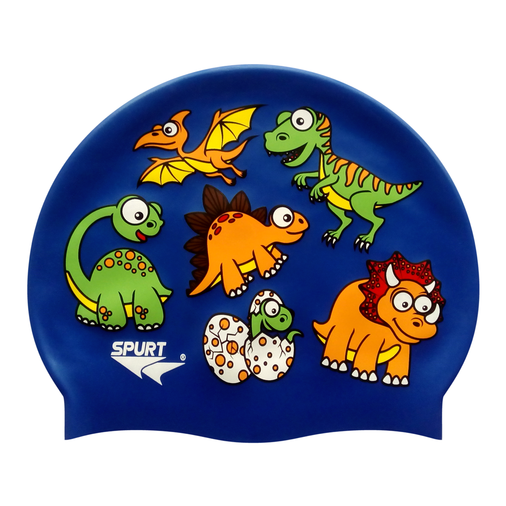 Dino Scattered on Dark Blue Spurt Silicone Swim Cap
