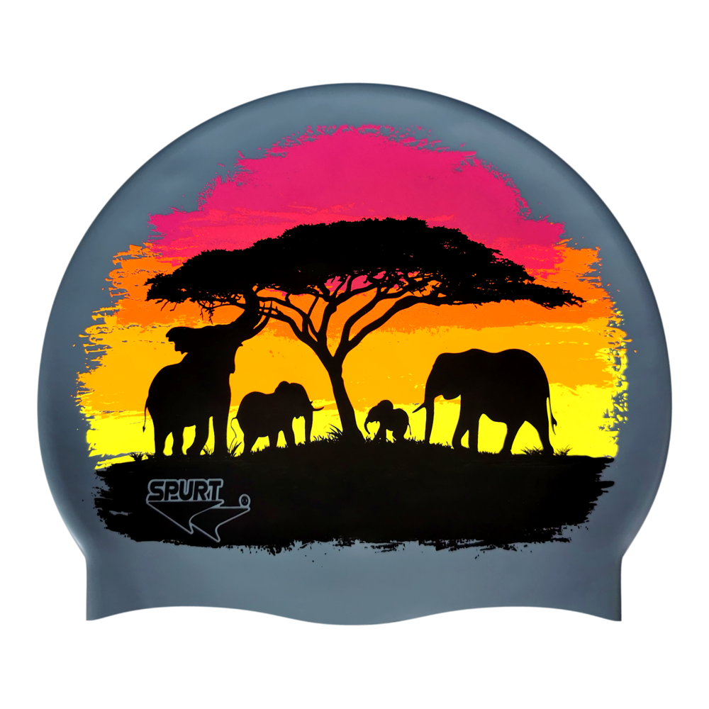 Elephants and Tree Silhouettes with Brushstroke Sunset on Dark Grey Spurt Silicone Swim Cap