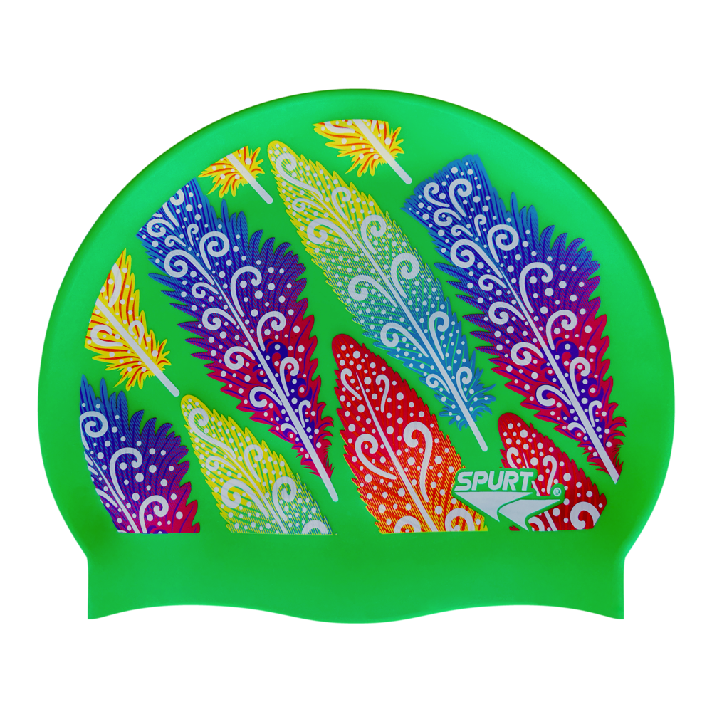 Funky Feathers on Vivid Green Spurt Silicone Cap