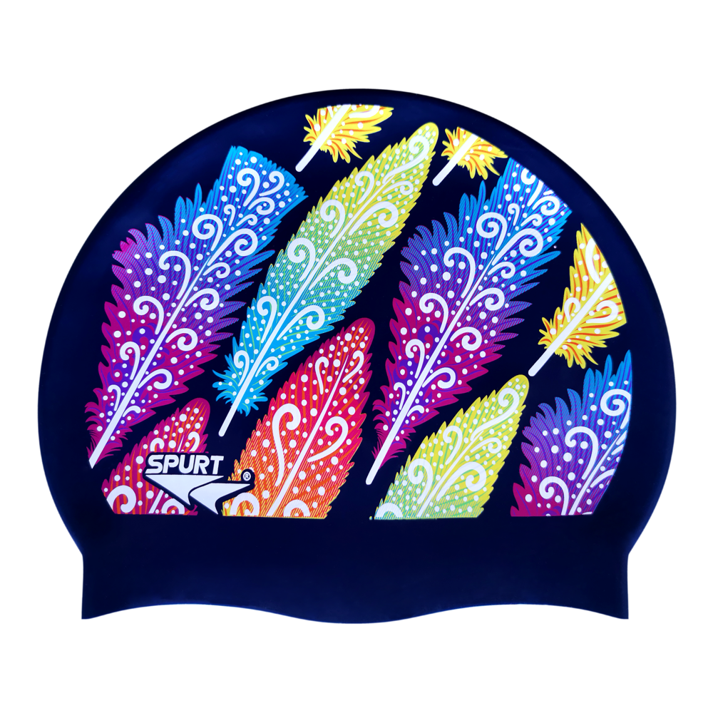 Funky Feathers on Dark Navy Spurt Silicone Cap