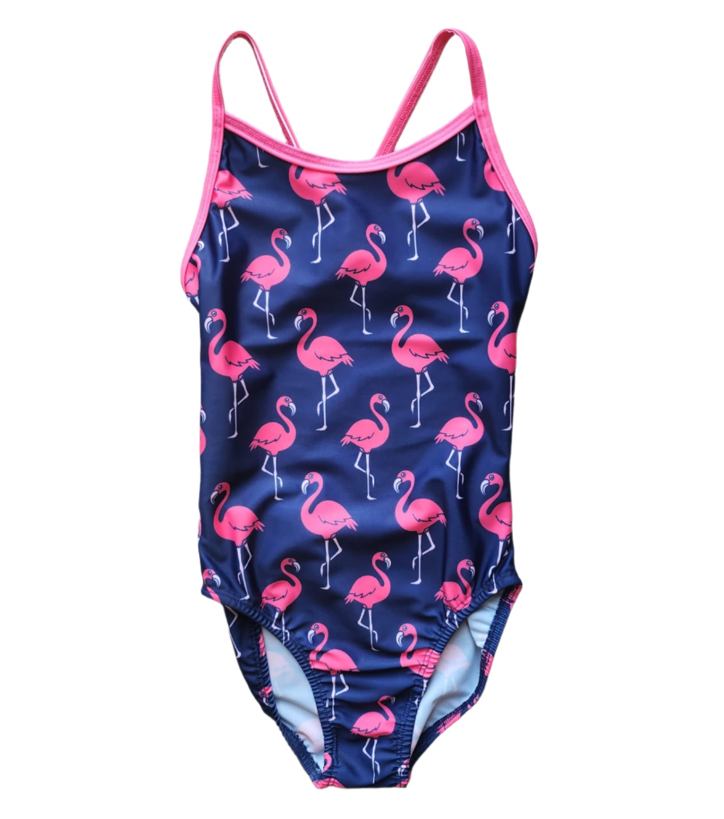 Extra Life Thin Strap Swimsuit in Flamingos on Dark Navy & Neon Pink Straps