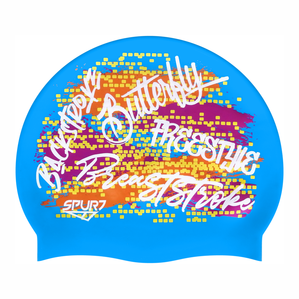 Graffiti Swimming Stroke Names & Grunge paint on Sky Blue Spurt Silicone Cap