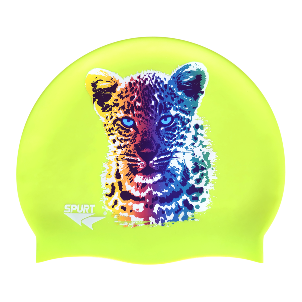 Leopard Cub in Blending Colours on Neon Yellow Spurt Silicone Swim Cap