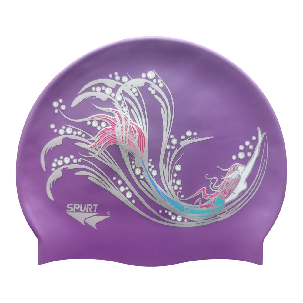 Sketched Mermaid in Swirls on Violet Spurt Silicone Cap