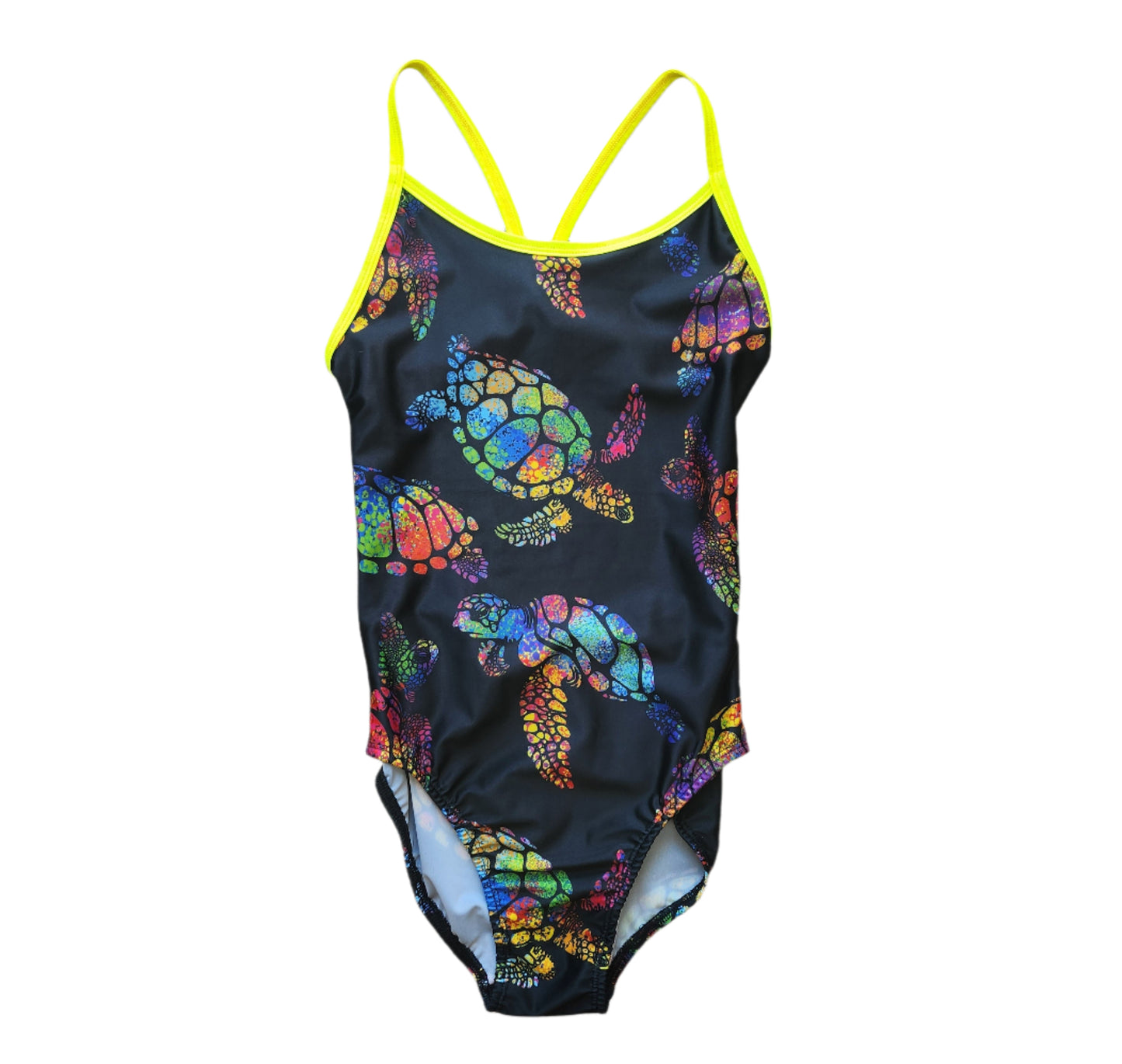 Extra Life Thin Strap Swimsuit in Multi Colour Turtles on Black with Yellow Straps