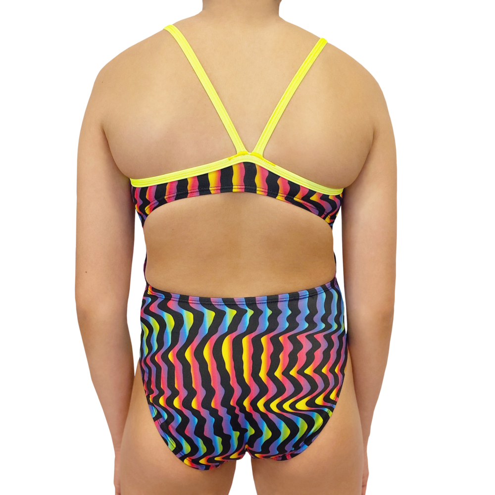 Extra Life Thin Strap Swimsuit in Neon Rainbow Wavy Lines on Black with Neon Yellow Straps