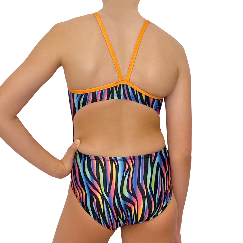 Extra Life Thin Strap Swimsuit in Neon Rainbow Zebra Print on Black with Orange Straps