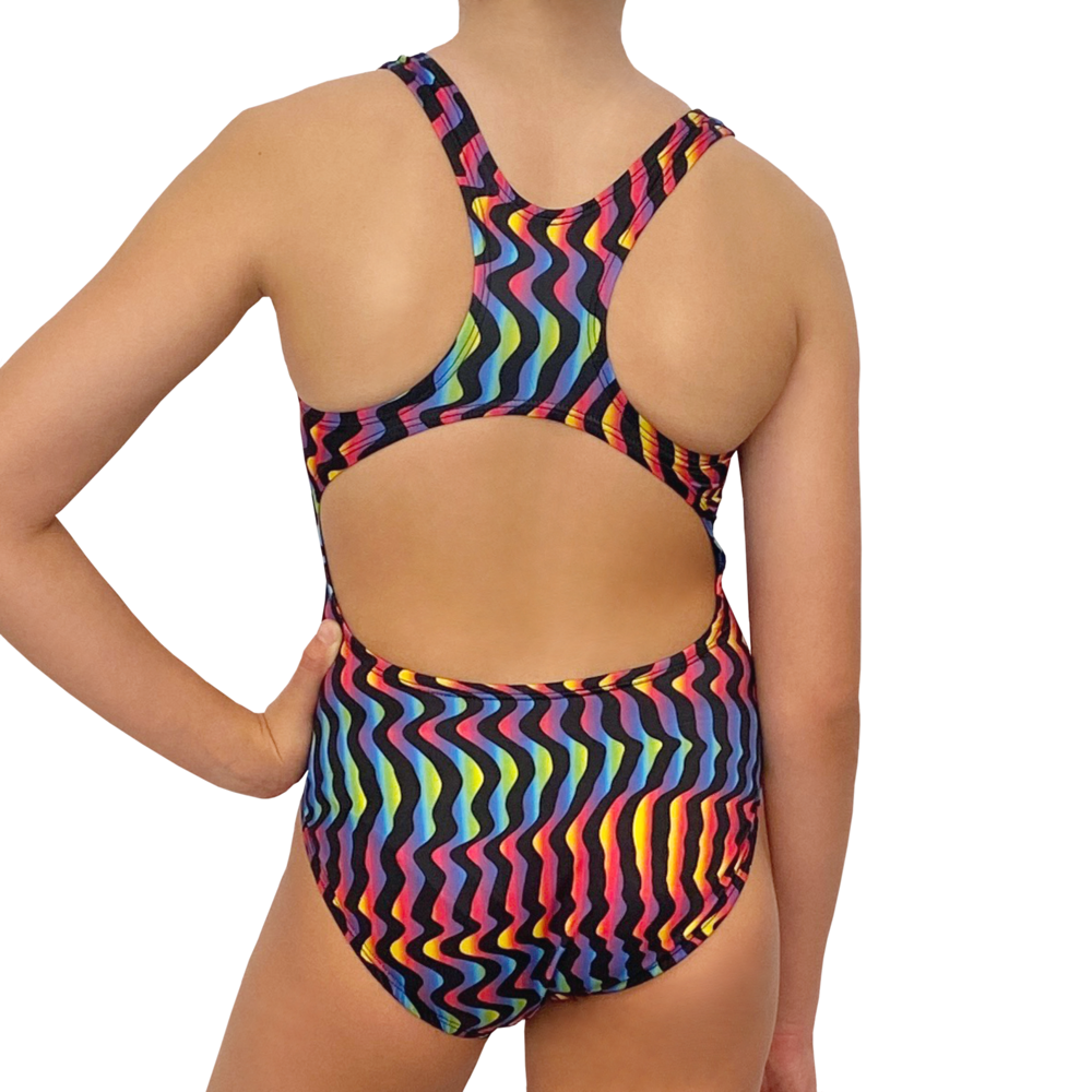 Extra Life Fastback Swimsuit in Neon Rainbow Wavy Lines on Black