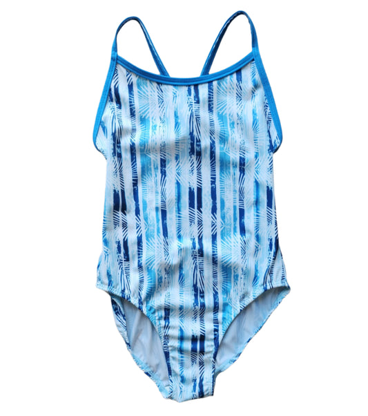 Extra Life Thin Strap Swimsuit in Palm Leaves over Aqua Teal Grunge Stripes & Turquoise Blue Straps