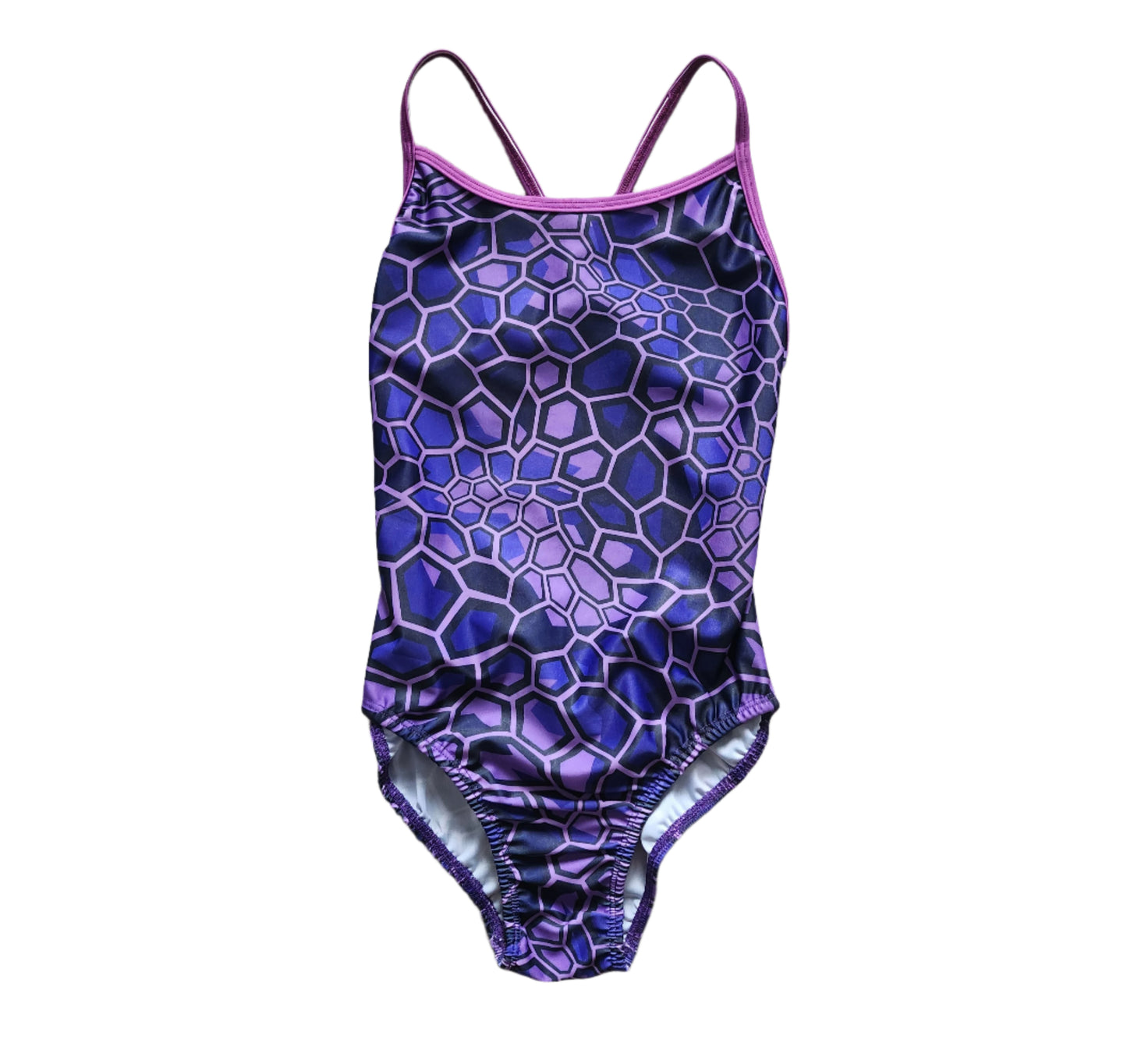 Extra Life Thin Strap Swimsuit in Purple Hexagon with Purple Straps