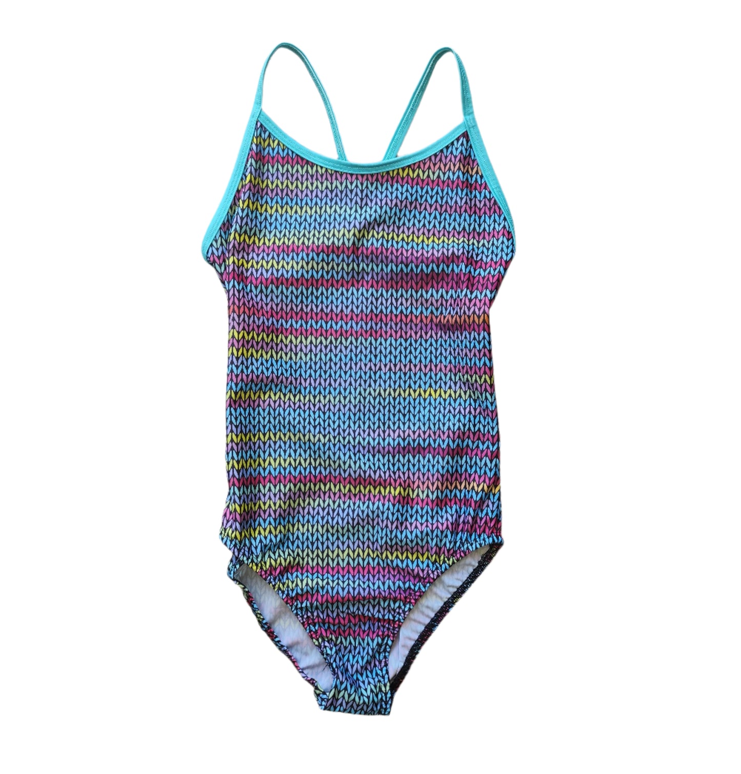 Extra Life Thin Strap Swimsuit in Rainbow Knit with Teal Straps