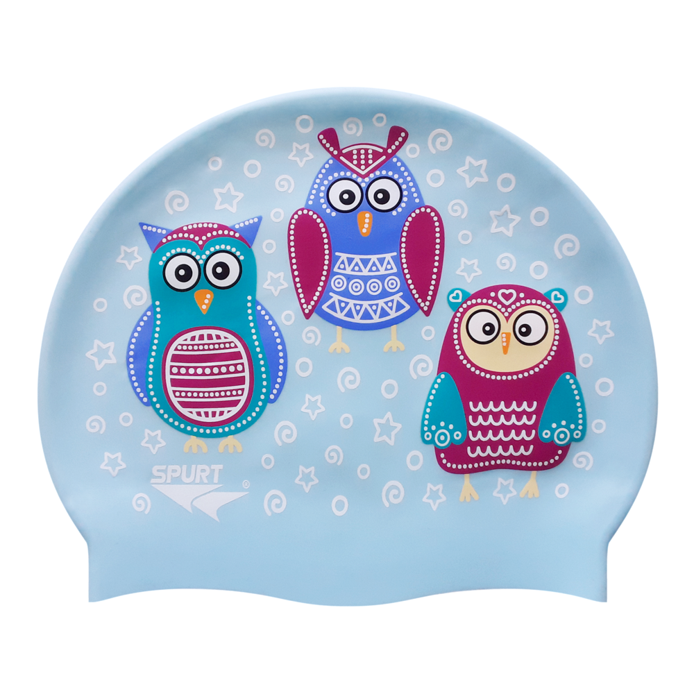 Scattered Owls on Light Blue Spurt Silicone Swim Cap