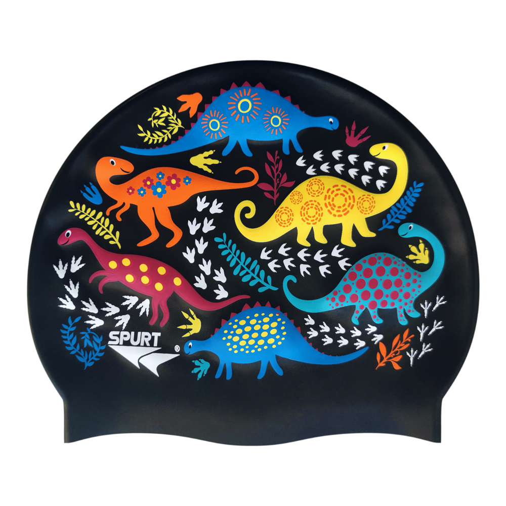 Scattered Dinosaurs & Footprints on Metallic Black Junior Spurt Swim Cap