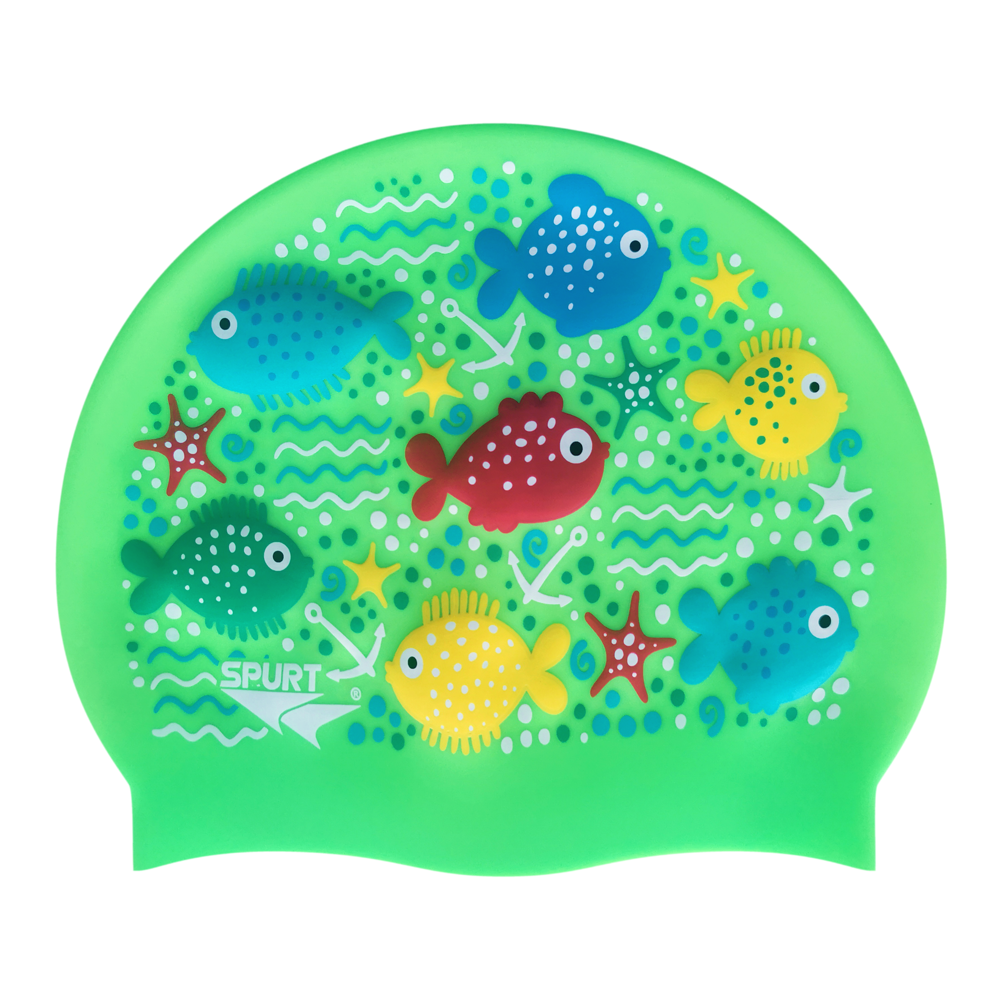 Scattered Sea Creatures & Squiggles on Neon Green Junior Spurt Silicone Cap