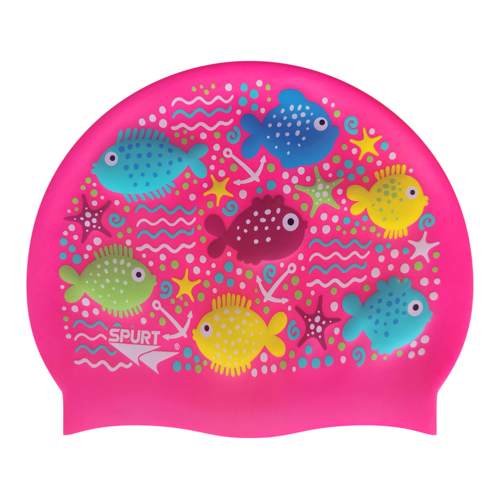 Scattered Sea Creatures & Squiggles on Neon Pink Junior Spurt Silicone Cap