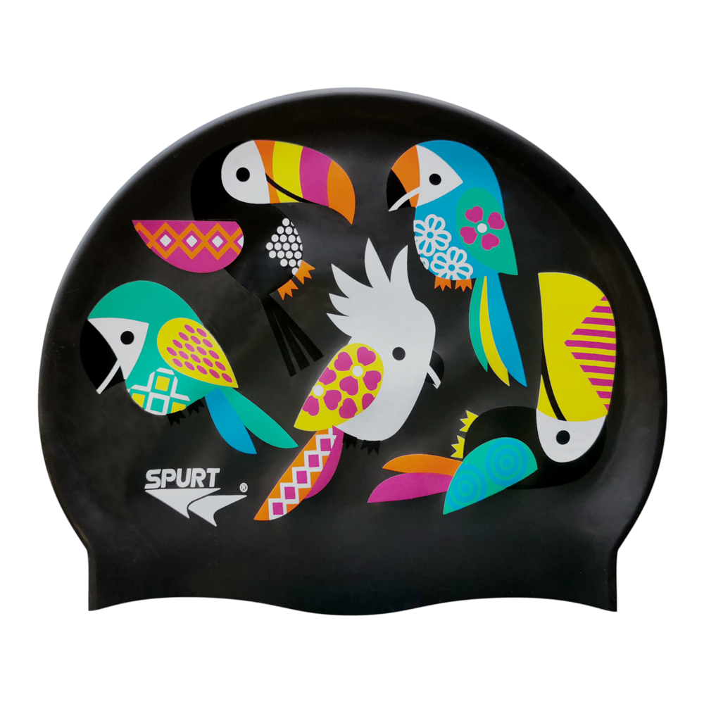 Toucans with Geometric Patterns on Metallic Black Spurt Silicone Swim Cap