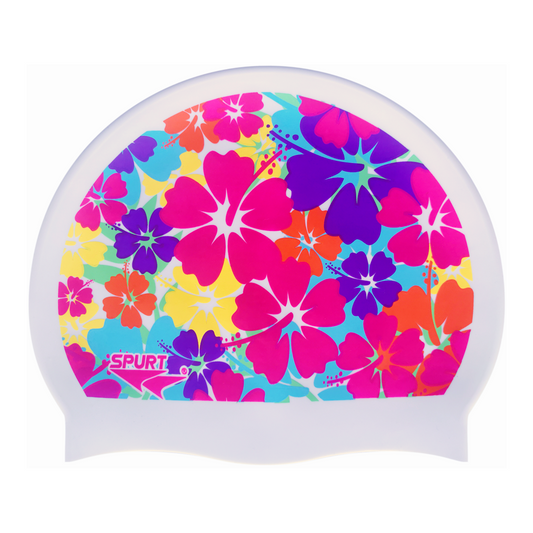 Bright Tropical Flowers on Cool White Spurt Silicone Cap
