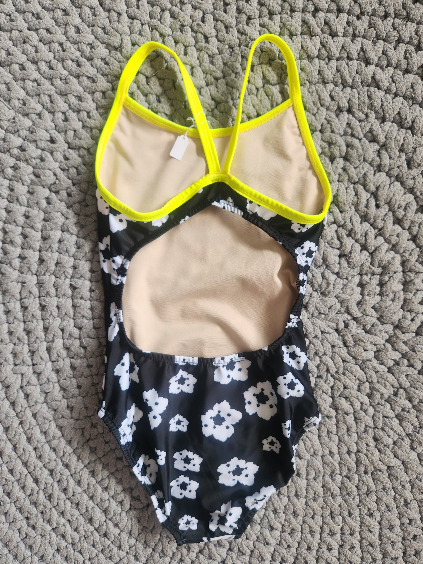 Extra Life Thin Strap Swimsuit in Urban Garden Design with Neon Yellow Straps