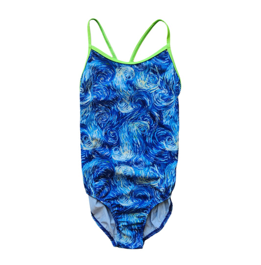 Extra Life Thin Strap Swimsuit in Van Gogh with Neon Green Straps