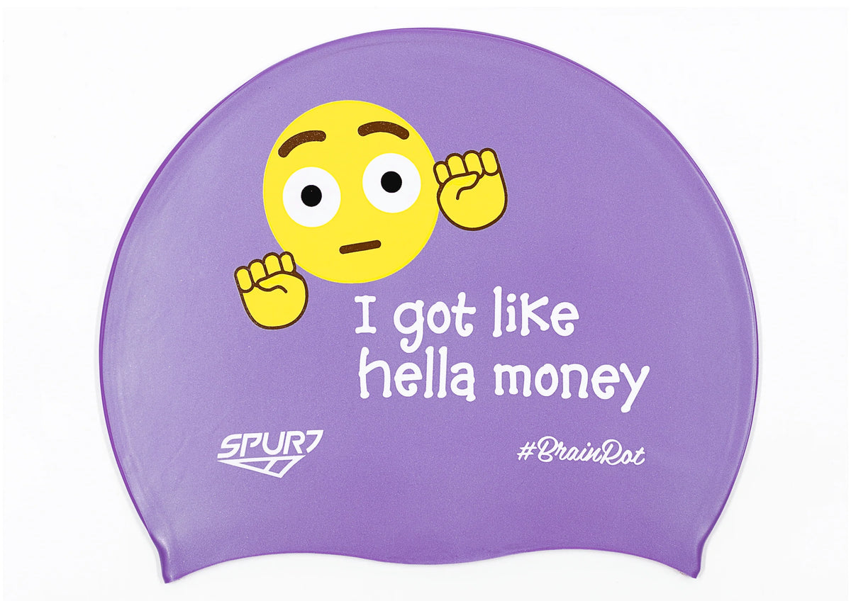 BrainRot Hella Money on SB18 Violet Spurt Silicone Swim Cap