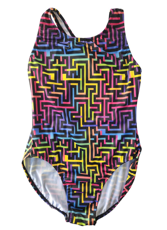Extra Life Fastback Swimsuit in Rainbow Maze Design
