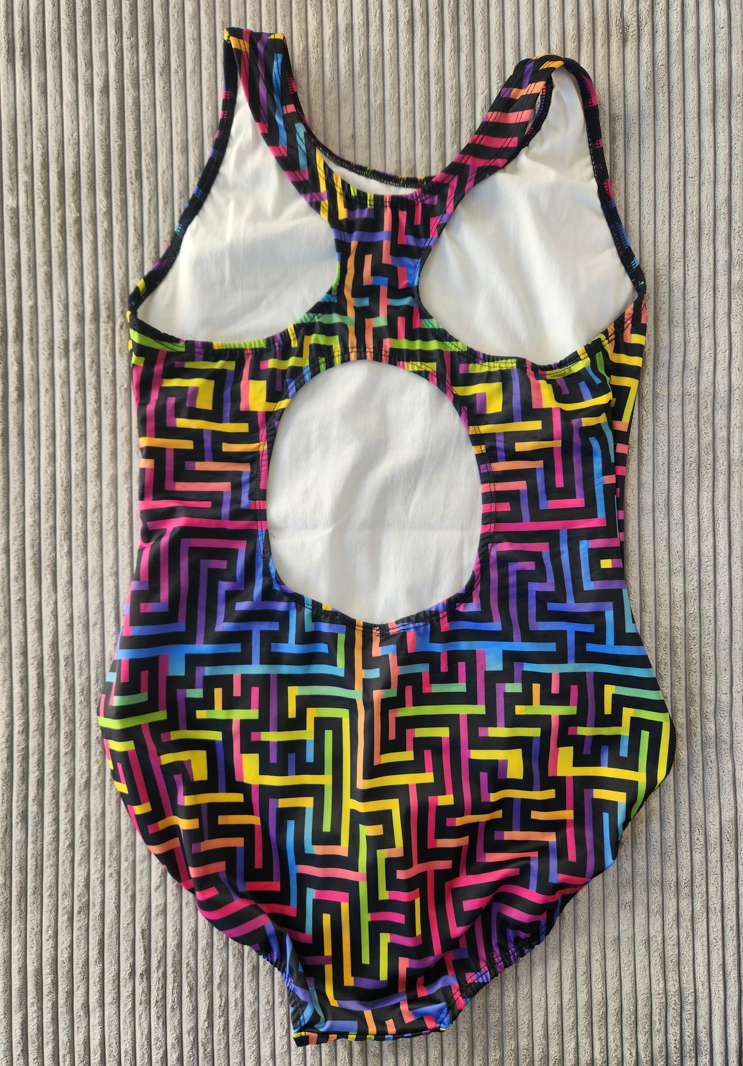 Extra Life Fastback Swimsuit in Rainbow Maze Design